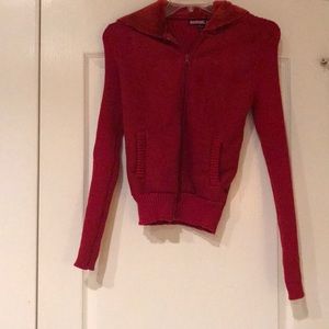 Red sweater & suede hooded jacket